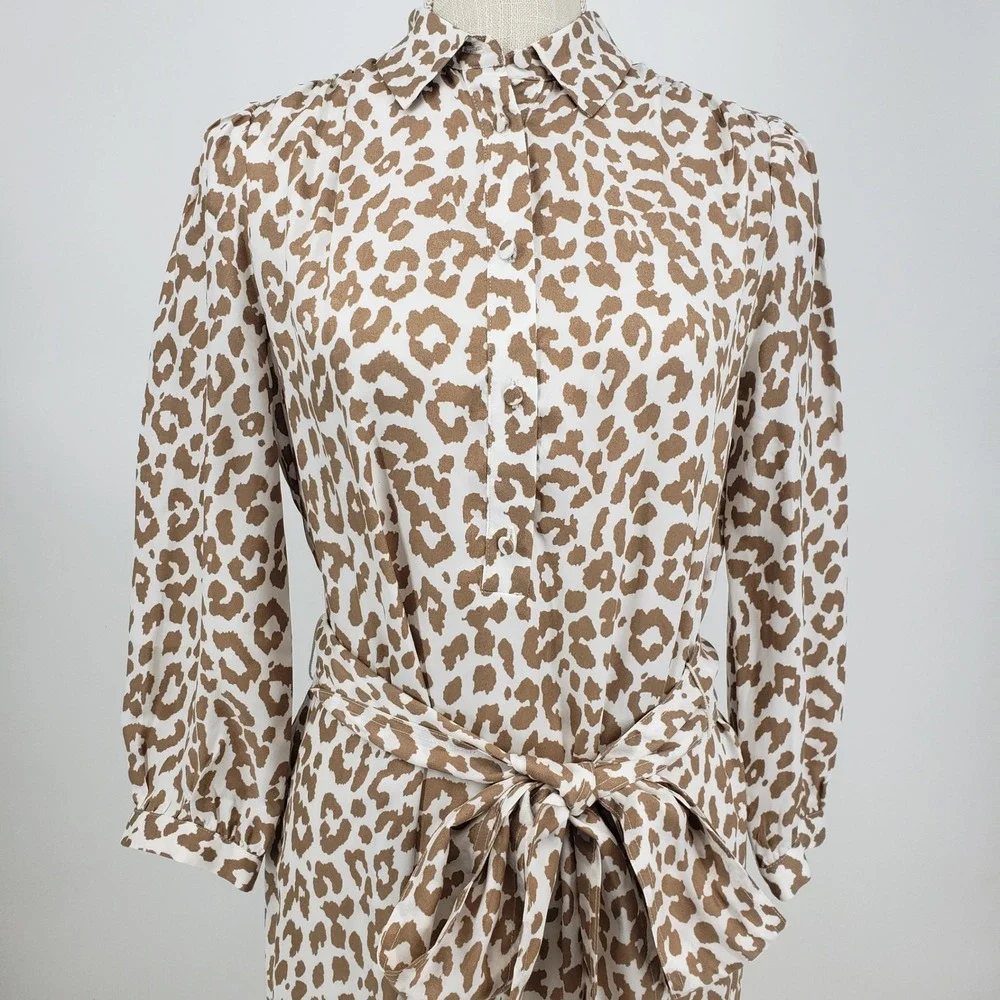 J Crew Midi Shirt Dress Bold Leopard Print Size 2 Belted Tie Waist Tan Cream